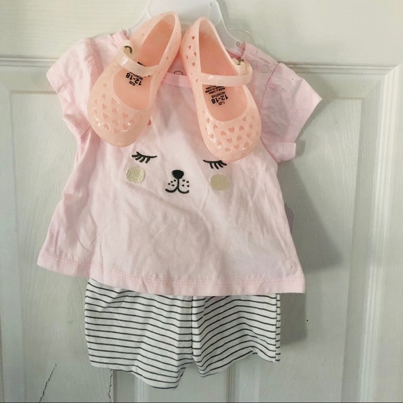 NWT kitty cat pink striped 2 piece shorts outfit W/ matching gelly shoes SZ 12M - Picture 1 of 7